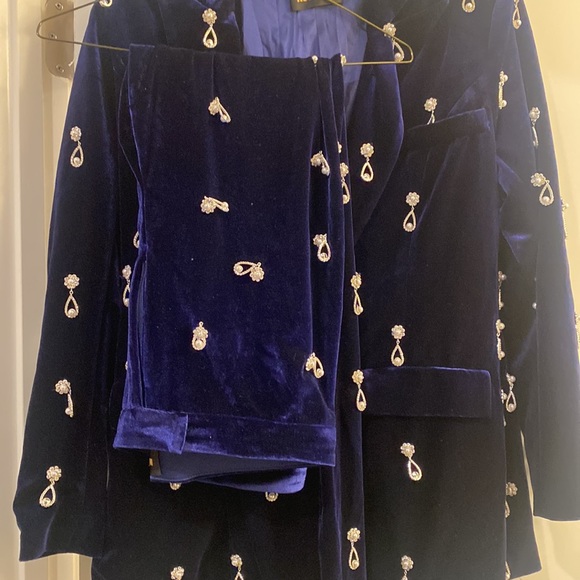 Blue Velvet pants suit with jewels. Wore once only for two hours. Set is a large - Picture 2 of 8